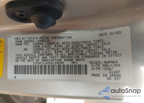 2003 Toyota Highlander Limited V6 from USA, damaged, VIN JTEHF21A930129293